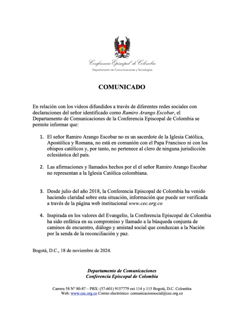 Imagen tomada de las redes oficiales de la Conferencia Episcopal de Colombia